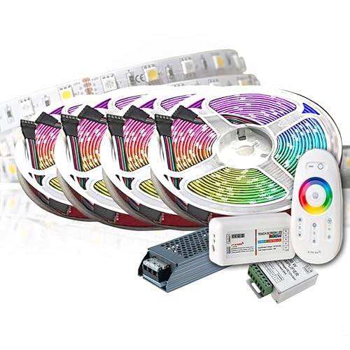 TechCore® 20M PREMIUM RGBW LED Band 5050 SMD mit RF Fernbedienung, inklusive 24V 12.5A 300W Netzteil - RGB+W LED Streifen Set mit Warmweiss Licht für stimmungsvolle Beleuchtung und Farbauswahl von TechCore