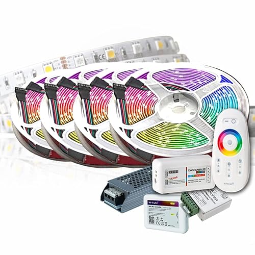 20M PREMIUM 24V RGB+WW RGBW LED Streifen LED Band LED Strip 5050 SMD RGB+Warmweiss LED Lichtleiste 1200LEDs 60LED's/M+WLAN WiFi MiLight control Smartphone +Netzteil ULTRA SLIM STROMVERSORGUNG von TechCore