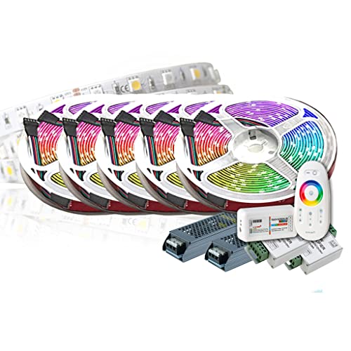 TechCore 25M PREMIUM RGBW LED Band 5050 SMD mit RF Fernbedienung, inklusive 2x 24V 12.5A 300W Netzteil - RGB+NW LED Streifen Set mit Kaltweiss Licht für stimmungsvolle Beleuchtung und Farbauswahl von TechCore