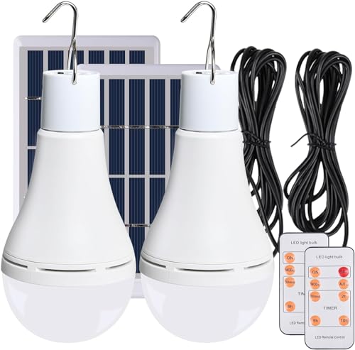 Solar Glühbirnen 2STK mit Fernbedienung Dämmerungssensor LED Solarlampen für Außen Innen Solar/USB Wiederaufladbare, 4 Modi, tragbare Hängelampen für Garten Notfall Hühnerstall Camping Reisen von TechKen
