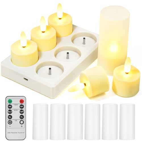 TechKen 6 Stück Wiederaufladbare LED Teelichter Kerzen mit Fernbedienung 4H/6H Timerfunktion,Elektrische LED Teelicht Aufladbar Flackernde Flammenlose Kerzen für Weihnachten,Halloweeny (Stil 3) von TechKen
