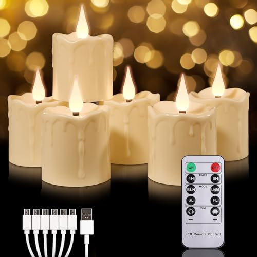 TechKen 6 Stück Wiederaufladbare LED Teelichter Kerzen mit Fernbedienung 4H/6H Timerfunktion,Elektrische LED Teelicht Aufladbar Flackernde Flammenlose Kerzen für Weihnachten,Halloweeny von TechKen