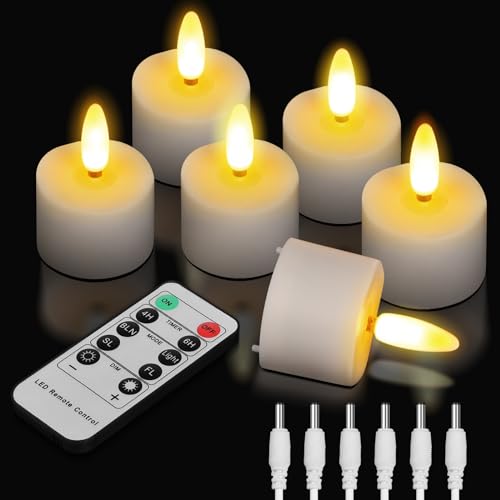 TechKen 6 Stück Wiederaufladbare LED Teelichter Kerzen mit Fernbedienung 4H/6H Timerfunktion,Dimmbare Elektrische LED Teelicht Aufladbar Flackernde Flammenlose Kerzen für Weihnachten,Halloweeny von TechKen