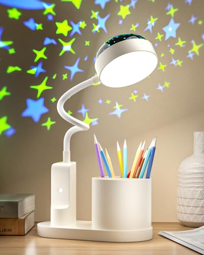 TechKen Schreibtischlampe Kinder, LED Nachttischlampe Tischlampe Dimmbar Helligkeitsstufen Wiederaufladbare Deraufladbare Lampe Schwanenhals Tischlampe Studienlampe mit Stifthalter Stern Projektion von TechKen