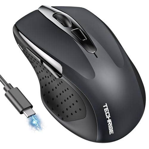 TechRise Bluetooth Maus, 2.4G Maus Kabellos (BT 5.0/3.0 + 2.4G) 4800 DPI Wiederaufladbare Ergonomische Mouse mit USB-A Empfänger, 6 Stufen DPI Stille Funkmaus für Laptops, Computer, PC, Windows, Grau von TechRise