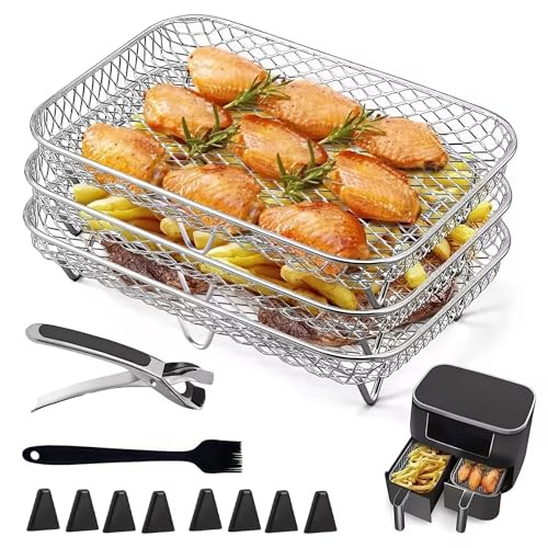 Air Fryer Racks, 3 Stück 304 Edelstahl Air Fryer Korb Tray Heißluftfritteuse Zubehör 3 Schicht Stapelbar Luftfritteuse Racks mit Clip für Backofen Mikrowelle (Quadratisch) von TechVizrs