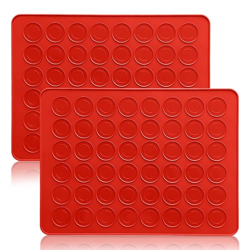 2 Stück Macarons Backmatte, Silikon Macarons Backset 48 Löcher Antihaft Macaron Backmatte Silikonmatte Backen Backzubehör Backofenmatte für Makronen Kekse Gebäck (Rot) von Techchii