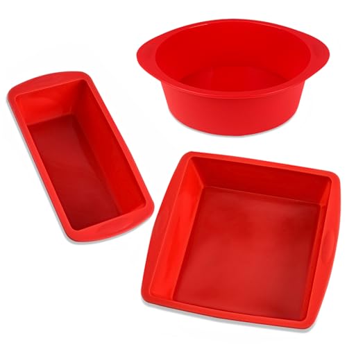Silikon Backformen Set, 3 Stück Verschiedene Formen Silikon Backform Rund Kuchenform Brotbackform Quadratische Brownie Backform für Gebäck Brot Backen, Antihaft & Wiederverwendbare von Techchii