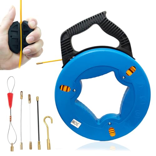Einziehband Kabeleinziehhilfe 30m Kabeleinziehband Fiberglas Kabel Bandspulen Reel Zugdraht mit Kunststoffgehäuse und Handgriff Einziehfeder Einzugshilfe Kabel Werkzeug für Elektriker Kabelverlegung von Techfection