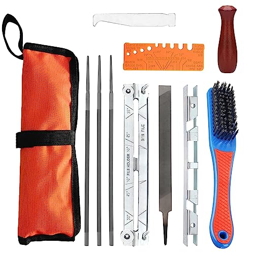 Kettensägen Schärffeilen Kit 11pcs Universal Kettensägen Feilensatz Sägeketten Feilen Set zum Schärfen von Sägeketten mit 4/4,8/5,5mm Rundfeile Schärfführungen Tiefenmesser Flache Feile in Tasche von Techfection