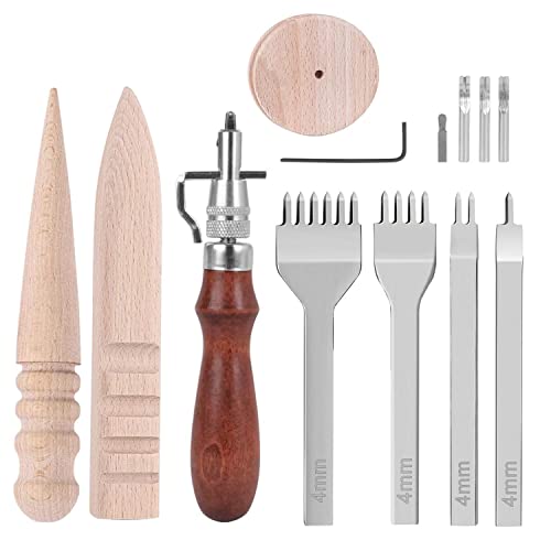 Techfection Leder Werkzeuge Set 1/2/4/6 4mm Leder Prong + Einstellbarem Meißel Stitching Groover + 2 Holz Leder Burnisher Set zum Leder Handwerk Handnähen DIY Lederbearbeitung von Techfection