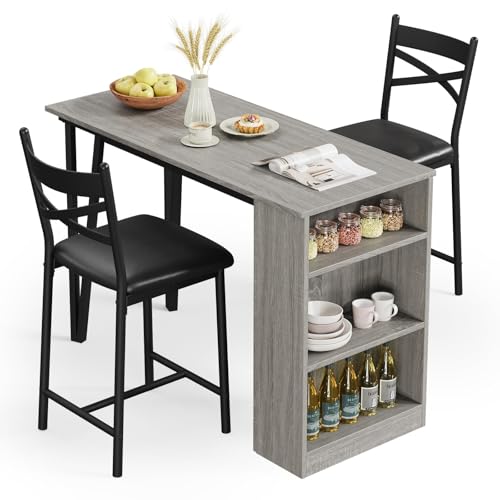 Bartisch Set 3-Teilig, Bartisch mit Barhocker Set, Esstisch mit 2 Gepolsterten Stühlen, Stehtisch mit 3 Seitenregalen, Küchentisch im Industrie-Stil für Esszimmer, Küche oder Wohnzimmer von Techigher