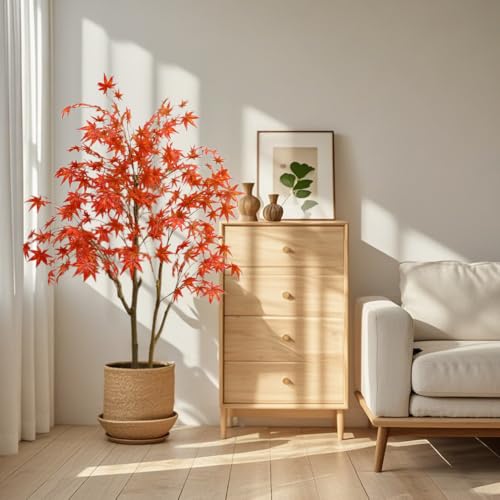 Techigher 150cm Kunstbaum roter Ahorn,künstlicher Ahornbaum mit Topf,Seidenahornbaum,Herbstahorn, künstlicher Herbstbaum für Büro Wohnzimmer Veranda Türdekoration Doppelstange von Techigher