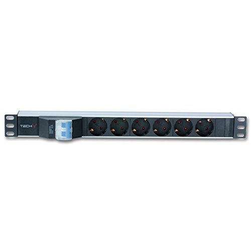 Techly Professional 100471 Mehrfachsteckdose mit 6 Steckplätzen für Rack 19 Zoll (39 cm) mit magnetischem Schuko-Stecker, abgewinkelt, 1U, Schwarz/Rot von Techly