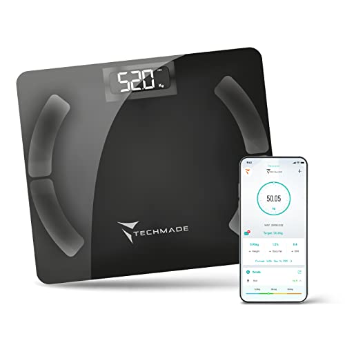 Techmade Digitale Personenwaage – Impedanzwaage mit App, Körperanalyse, kabellos, für iOS/Android, Fett- & Muskelmasse, BMR, Schwarz Techmade Digitale Personenwaage – Impedanzwaage mit App, Körperanalyse, kabellos, für iOS/Android, Fett- & Muskelmasse, BMR, Schwarz von Techmade