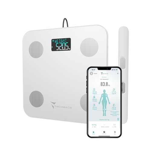 TECHMADE - Intelligente Impedanzwaage | 8 Präzisionssensoren | Körper- und Muskelanalyse | Dedizierte und Multi-User-App | Oberflächenelektroden und Lenker, weiß, gehärtetes Glas TECHMADE - Intelligente Impedanzwaage | 8 Präzisionssensoren | Körper- und Muskelanalyse | Dedizierte und Multi-User-App | Oberflächenelektroden und Lenker, weiß, gehärtetes Glas von Techmade