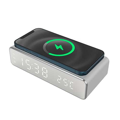 Digitaler LED-Wecker mit 15W Wireless Charging – 3-fach Alarm, Temperaturanzeige & USB-C – Kabelloses Laden für Smartphones & Earbuds – Modernes Design (160x75x40,3mm) – Inkl. CR2032 Batterie (Silber) von Techmade