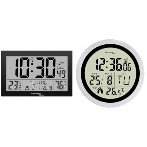 Technoline 8016 Funk-Wand-Uhr mit Temperaturanzeige, Kuststoff, schwarz, 225 x 143 x 24 mm, WS8016SCHWARZ, 225 x 24 x 143mm & WT3005 Digitale Badezimmer-Funkwanduhr, Kuststoff, Silber, Ø 147 x 79 mm von Technoline