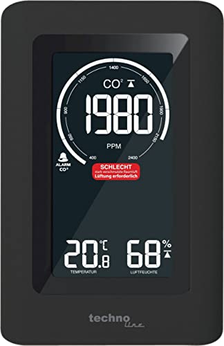 Technoline Co2 Messgerät WL1030, CO2-Anzeige, mit grafischen, farbiger Lüftungsempfehlungen (grün, gelb, rot), NDIR Sensor, schwarz von Technoline