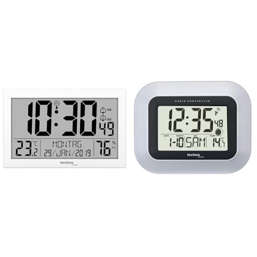 Technoline WS 8016 Moderne, Digitale Funk-Wand-Uhr mit Temperaturanzeige, Kuststoff, weiß, 225 x 143 x 24 mm WS8016WEISS &, WS 8005 Funkwanduhr, silberschwarz, 22,6 x 3 x 18 cm von Technoline