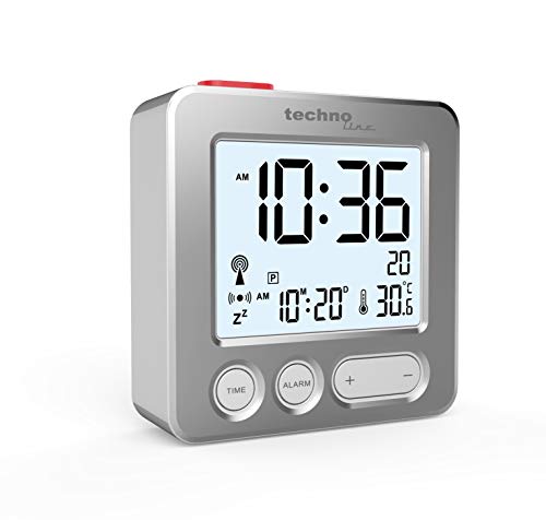 Technoline WT265 handlich und überzeugend moderner Funkwecker mit gebürsteter Echtmetall-Front, silber, Touch-Aktivierung für Beleuchtung/Snooze, Datum, Innentemperatur, 66 x 21 x 66 mm von Technoline