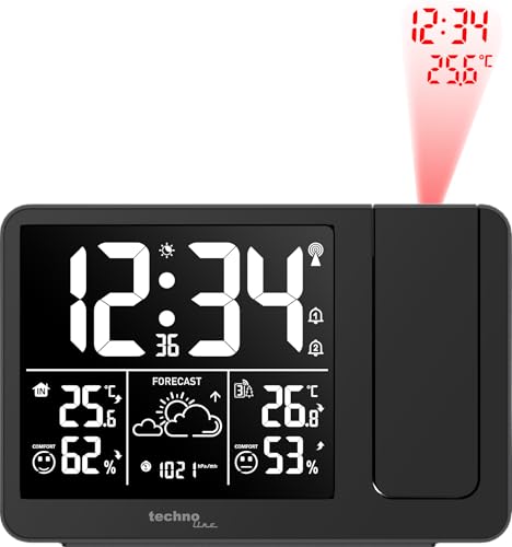 Technoline WT548 Projektionswecker, Funkwecker mit Wettervorhersage, Innentemperatur, Innenluftfeuchte, Außentemperaturanzeige, inklusive Außensender, mitgelieferte Batterien von Technoline