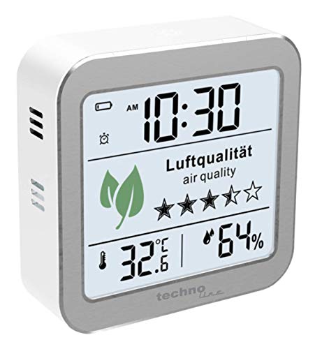 technoline WL1020 Luftgütemonitor zur Überwachung der Raumluftqualität, Nachfolger des WL1005, Temperaturanzeige, Luftfeuchteanzeige, Alarm bei schlechter Luftqualität, silber, weiß von Technoline