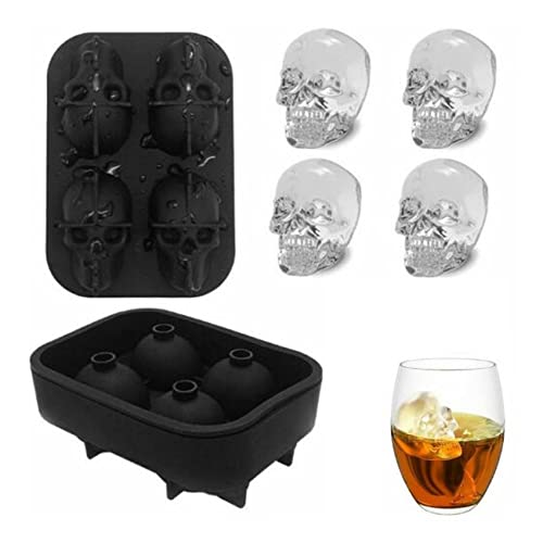 4 Fach Eiswürfelform aus Silikon mit Deckel, 3D-Totenkopfform, BPA-freie Eiswürfelform aus Silikon, kugelförmige Eiswürfelform für Getränke, Eiscreme, Schwarz von Techomey