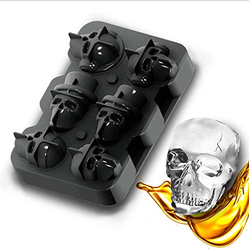 6 Fach Eiswürfelform aus Silikon mit Deckel, 3D-Totenkopfform, kugelförmige Eiswürfelform, Eiskristall-Totenkopf, schwarz, für Getränke, Eiscreme von Techomey