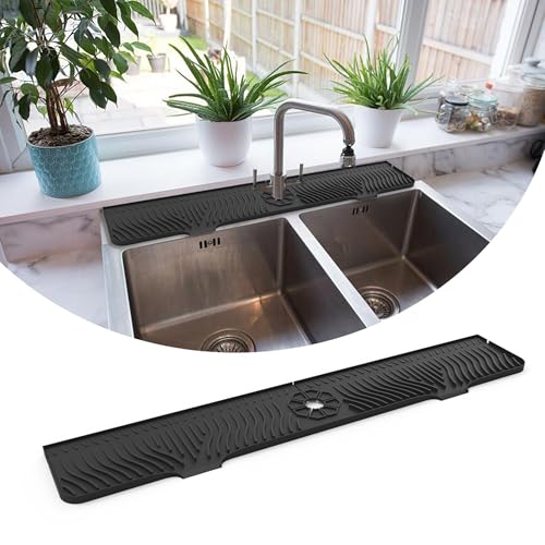 Techson 84 cm Spülbecken-Spritzschutzmatte – extra lange Silikon-Wasserhahn-Tropffangschale für Küche & Bad, schnell trocknender Spritzschutz für Arbeitsplatte (Schwarz) von Techson