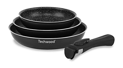 Techwood TSA-6422P Pfannen-Set, 3 Pfannen / 4-teilig, bestehend aus: -3 Pfannen mit den Maßen 20 cm Durchmesser - 24 cm Durchmesser - 28 cm Durchmesser - 1 abnehmbarer Stiel von Techwood