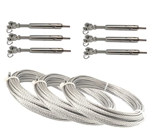 DIY Niro Spannseil Set - Schraubterminal M6 & Gewindegabel – 3x Rechtsgewinde, 3x Linksgewinde, 3x 5m -3mm Ø Drahtseil (= 3 Sets) von Tecklenborg, Kegel GmbH