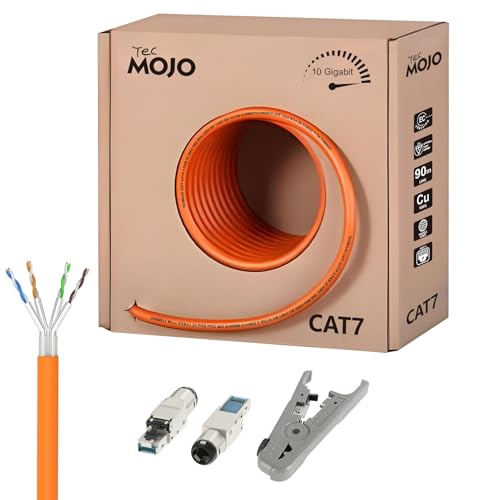 Tecmojo CAT7 S/FTP LAN-Ethernet-Netzwerkkabel, 50 m, 10 Gigabit, reines Kupfer, 23 AWG, 30 % AL-MG Geflecht, LSZH B2ca, Orange von Tecmojo
