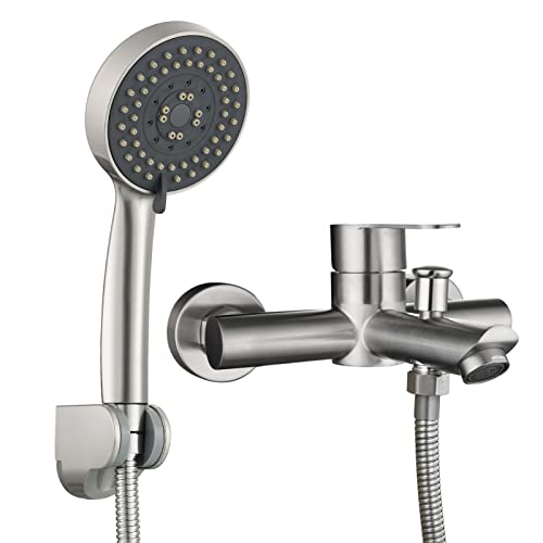 Tecmolog Aufputz Einhebel Wannenmischer-Dusche Set Edelstahl Badewannenarmatur mit Handbrause und Duschschlauch 1.5 m, Gebürstetes Nickel, SNA516F3 von Tecmolog