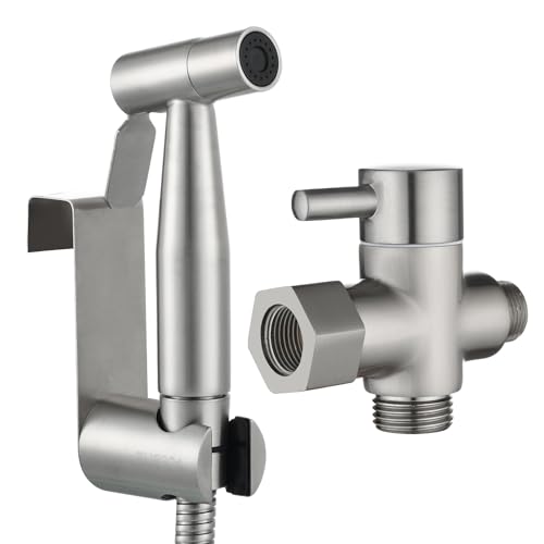 Tecmolog Bidet Handbrause Edelstahl Bidet Sprayer Set mit 3-Wege Umschaltventil 3/8"-12/17 und Duschkopfhalterung ohne Bohren Nickel Gebürstet, WS024F8 von Tecmolog