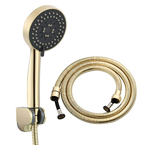 Tecmolog Duschbrause Set Kunststoff 5 Strahlarten Handbrause Rund mit Schlauch 1.5m und Halterung, Zirkonium Gold, BS144F von Tecmolog