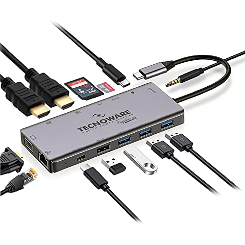 Tecnoware Power Systems - Hub USB C Adapter 13 in 1 | 2x HDMI 4K | USB 2.0 & 3.0, USB C, Ethernet, VGA | SDXC, Mikro-SD, Audio-Buchse | Kompatibel mit MacBook, iPad, Windows, Linux, Grau, Aluminium Tecnoware Power Systems - Hub USB C Adapter 13 in 1 | 2x HDMI 4K | USB 2.0 & 3.0, USB C, Ethernet, VGA | SDXC, Mikro-SD, Audio-Buchse | Kompatibel mit MacBook, iPad, Windows, Linux, Grau, Aluminium von Tecnoware Power Systems