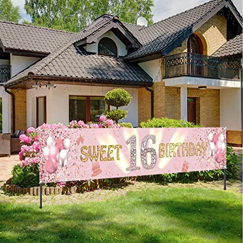 16. Geburtstag Deko Sweet 16 Geburtstag Banner Rosegold Party Dekoration Mädchen, Stoff Schild Poster 16. Jahrestag Party Hofbanner Geburtstagsdeko Glitzern Rosa von Tecreo