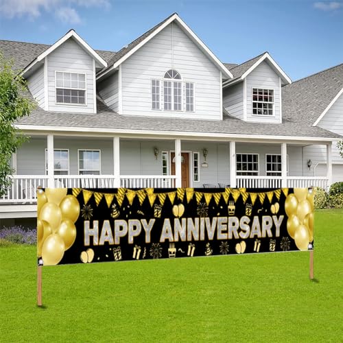 Alles Gute zum Jubiläum Dekoration Jubiläumsparty Banner Happy Anniversary Stoffschild Plakat, Hochzeitstag Party Hintergrund, Schwarz Gold Jubiläum Poster, 3 m x 0,5 m von Tecreo