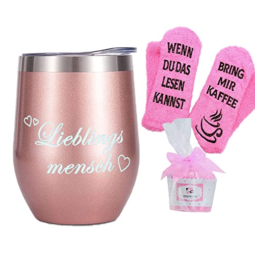 Edelstahl Kaffeebecher / Weinbecher Thermobecher mit Gravur Lieblingsmensch, Geburtstag Geschenk für Frauen, 350ml Roségold Doppelwandig Isolierbecher Reisekaffeetasse mit Deckel, Fun-Socken von Tecreo