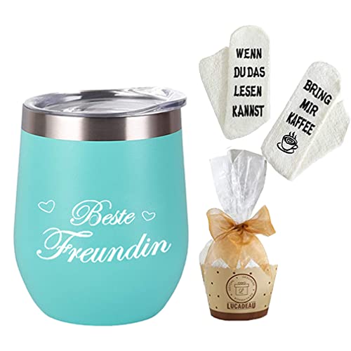 Edelstahl Kaffeebecher Weinbecher mit Gravur Geschenk für Frauen - Beste Freundin - Thermobecher ihr Geburtstag 350ml Blau Doppelwandig Isolierbecher Reisekaffeetasse mit Deckel, Fun-Socken von Tecreo