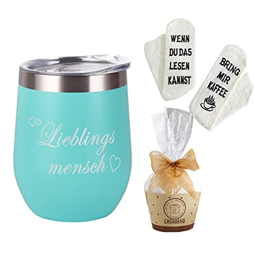 Edelstahl Kaffeebecher Weinbecher mit Gravur Lieblingsmensch, Geschenk für Frauen, Muttertag Geschenk Thermobecher mit Fun Socken für ihr Geburtstag Geschenk, 350ml Blau Reisekaffeetasse von Tecreo