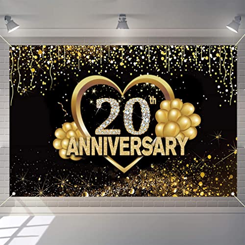 Happy 20th Anniversary Banner Hintergrund Dekorationen, Hochzeitstag 20th Happy Anniversary Party Poster Zubehör Stoffschild Poster, Schwarz Gold Jahrestag Dekor, 1,5 m von Tecreo