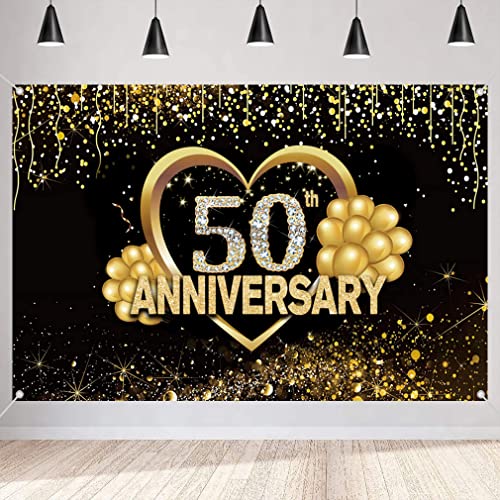 Happy 50th Anniversary Hintergrund Dekorationen, Alles Gute zum 50-jährigen Jubiläum Banner, 50. Hochzeitstag Party Poster Zubehör Stoffschild Plakat, Schwarz Gold Jubiläums Keko Foto Hintergrund von Tecreo