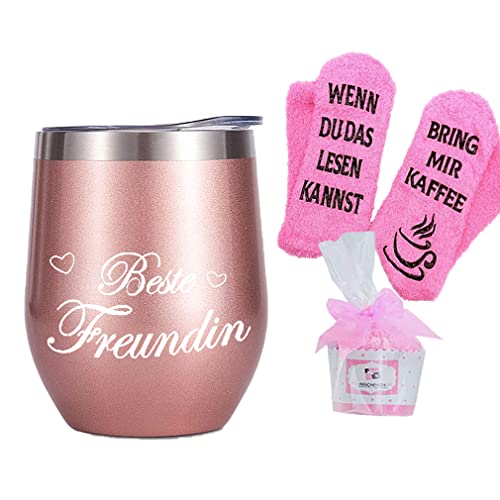 Tecreo Edelstahl Kaffeebecher mit Gravur Geschenk für Frauen - Beste Freundin Thermobecher ihr Geburtstag 350ml Roségold Doppelwandig Isolierbecher Reisekaffeetasse Deckel, Fun-Socken von Tecreo