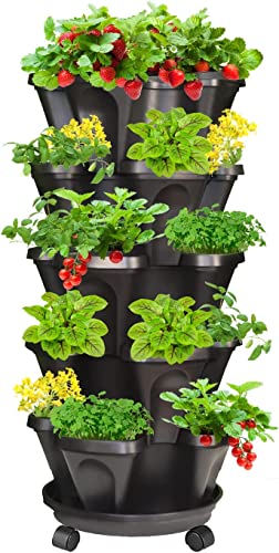 Tectsia Vertikaler Erdbeer-Pflanzgefäß, stapelbarer Gartenturm, 5-stöckige, stapelbare Kräuter-Gemüse-Pflanzgefäße mit beweglichen Rollen und unterer Untertasse, für drinnen und draußen, Schwarz von Tectsia