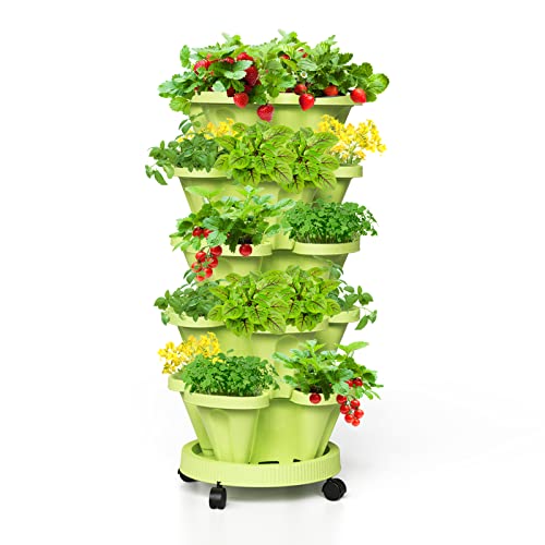 Tectsia Stapelbare Erdbeer-Pflanzgefäße, vertikaler Gartenturm, 5-stöckige, stapelbare Kräuter-Gemüse-Pflanzgefäße mit beweglichen Rollen und unterer Untertasse, für drinnen und draußen, Grün von Tectsia