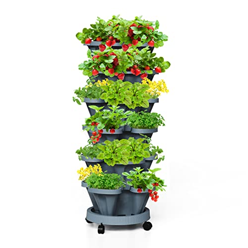 Tectsia Stapelbare Erdbeer-Pflanzgefäße, vertikaler Turmgarten, 6-stöckig, stapelbar, Kräuter-Gemüse-Pflanzgefäße mit beweglichen Rollen und Untertasse, für drinnen und draußen, Dunkelgrau von Tectsia