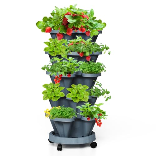 Tectsia Vertikale Erdbeer-Pflanzgefäße, 5-stöckig, stapelbarer Turm, Garten, stapelbare Kräuter-Gemüse-Pflanzgefäße mit beweglichen Rollen und unterer Untertasse, für drinnen und draußen, Dunkelgrau von Tectsia