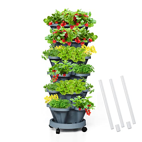 Tectsia Vertikale Erdbeer-Pflanzgefäße für den Garten, 6-stöckiger stapelbarer Übertopf mit Stützstange, stapelbare Kräuter-Gemüse-Pflanzgefäße für drinnen und draußen, Dunkelgrau von Tectsia